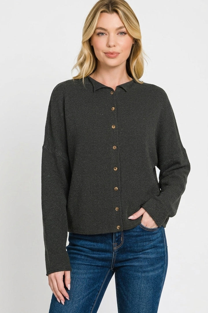 Collared button-down knit cardigan with drop shoulders