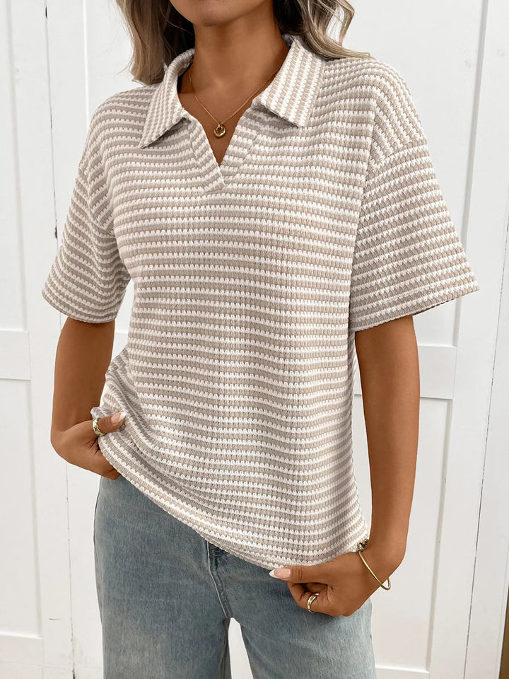 Striped waffle-knit collared short sleeve top