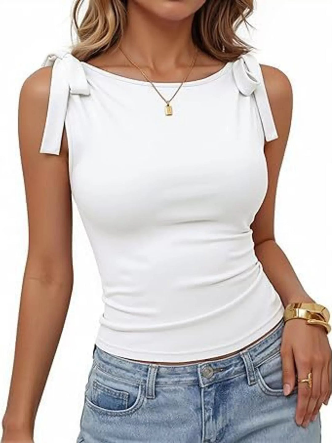 Bow tie shoulder fitted scoop neck tank top