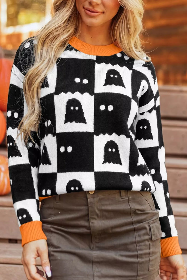 Ghost checkerboard knit sweater with contrast ribbed trim