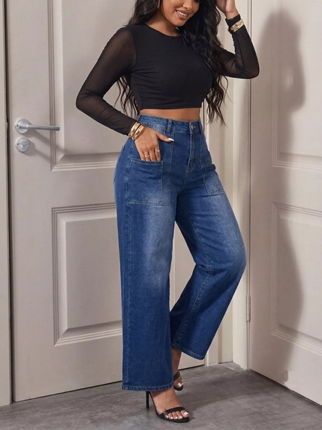 High-rise wide leg jeans with patch pockets - Peacock Blue