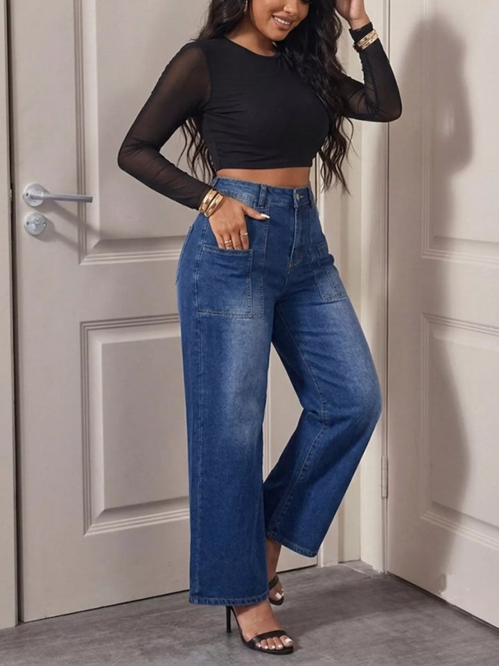 High-rise wide leg jeans with patch pockets - Peacock Blue