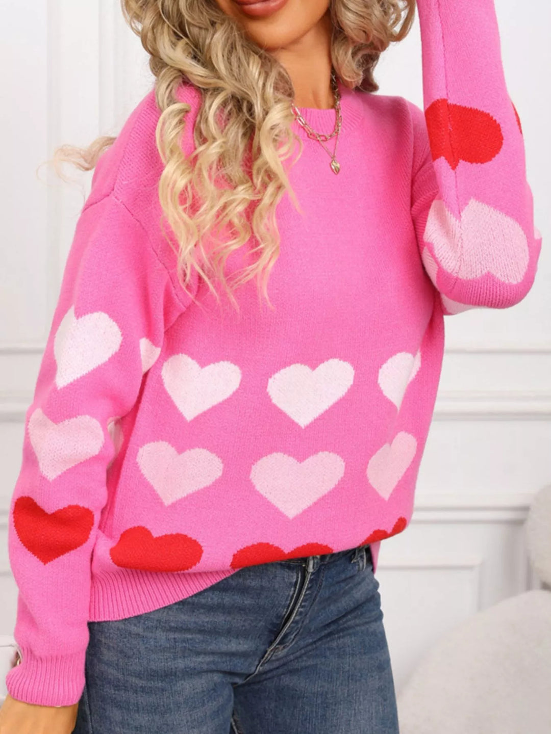 Heart pattern crew neck sweater with ribbed cuffs