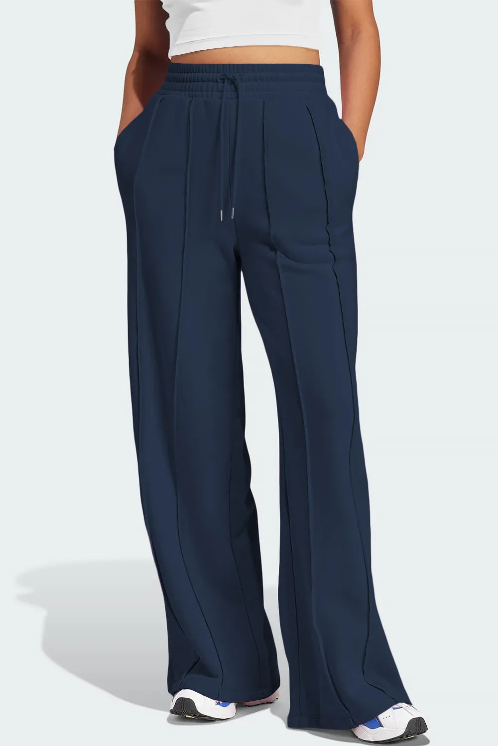 Dark Navy Drawstring high-rise wide-leg sweatpants with front seam