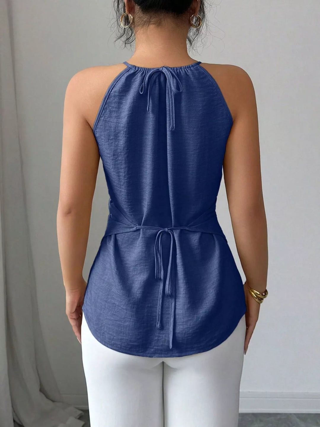 Crisscross wrap halter cami with bead neckline detail