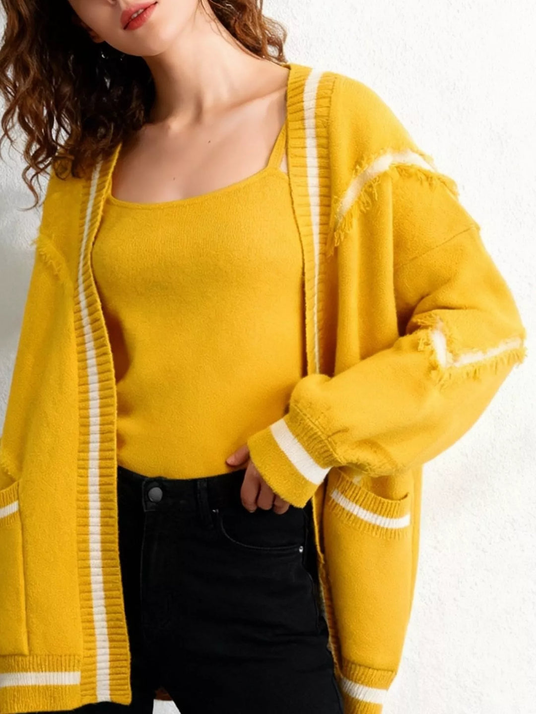 Yellow Frayed exposed-seam open front cardigan with striped trim