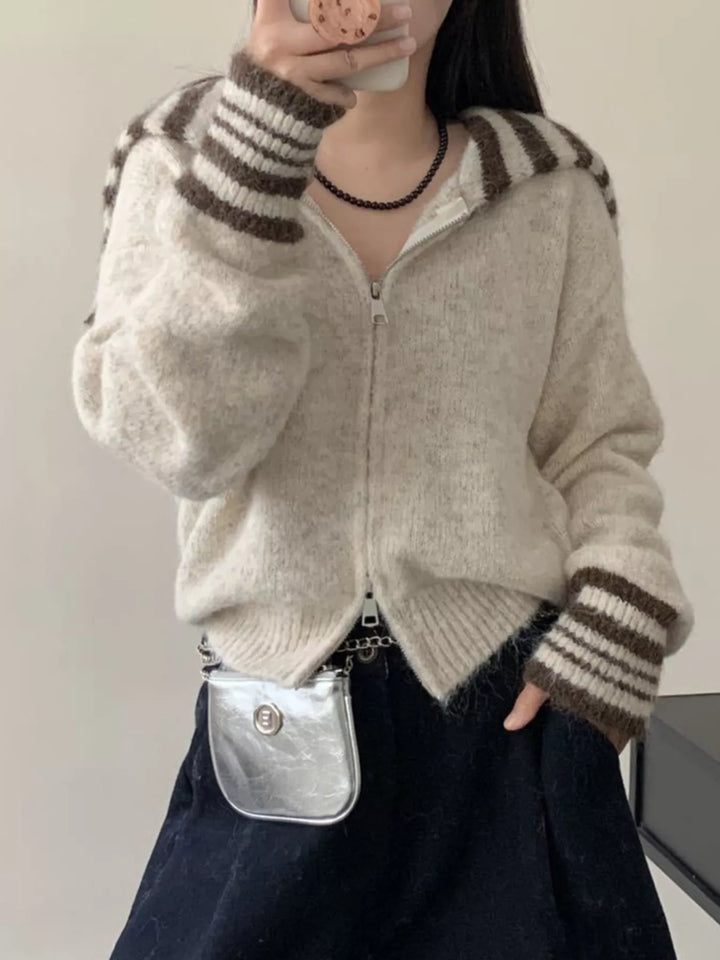 Beige Striped trim zip-up knit cardigan with collar