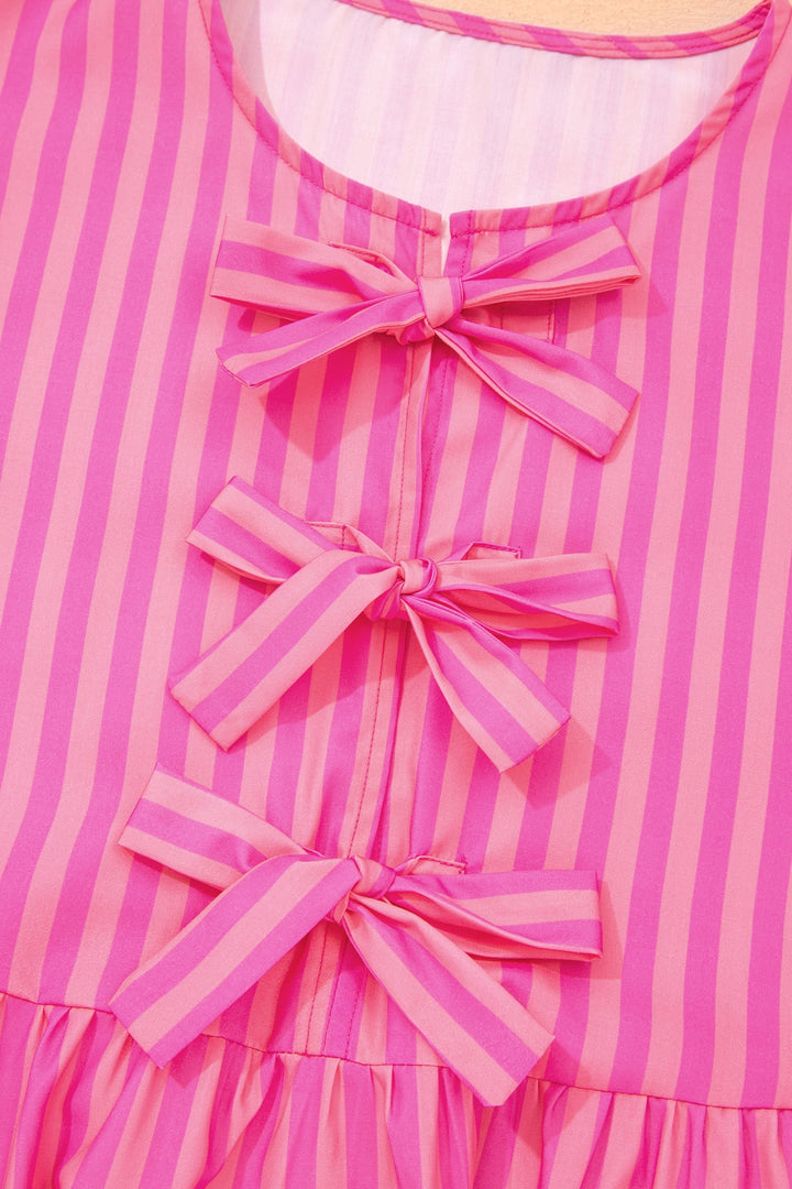 Striped puff sleeve mini dress with triple bow front