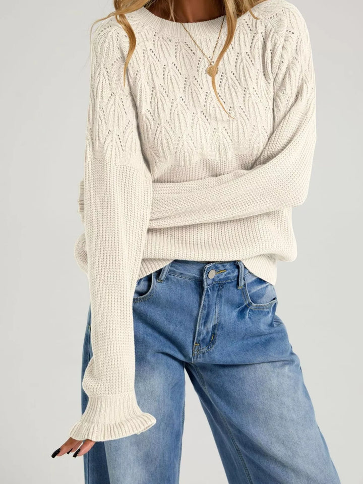 Beige Pointelle openwork knit sweater with ruffle cuffs