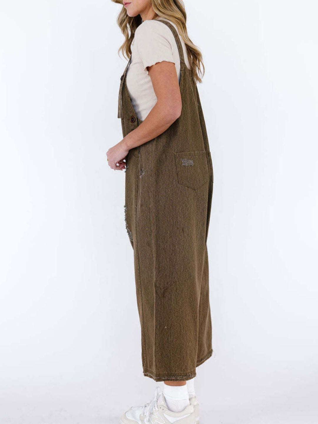 Distressed wide leg denim overalls with adjustable straps