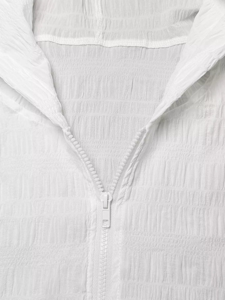 Lightweight crinkle-textured zip-up hooded jacket