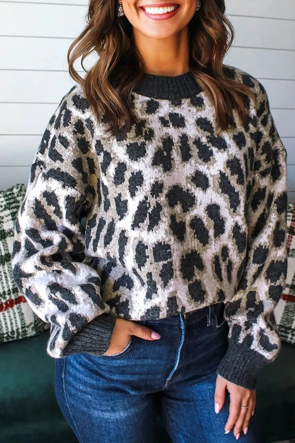 Leopard print drop shoulder knit pullover sweater