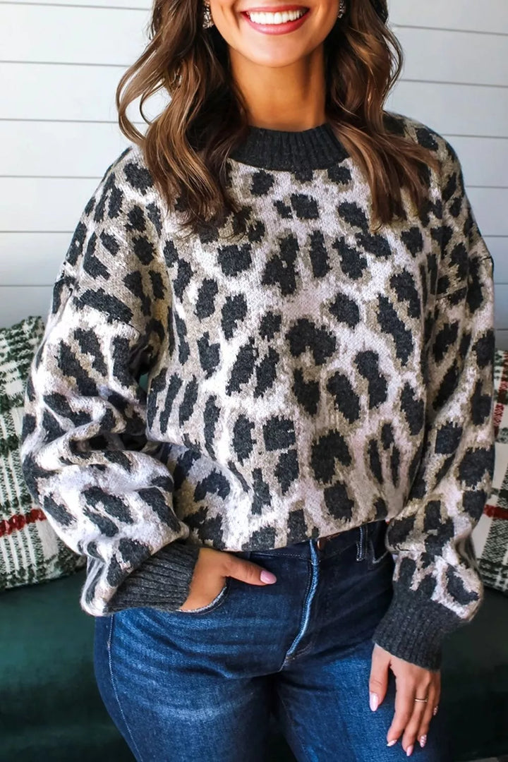 Leopard print drop shoulder knit pullover sweater