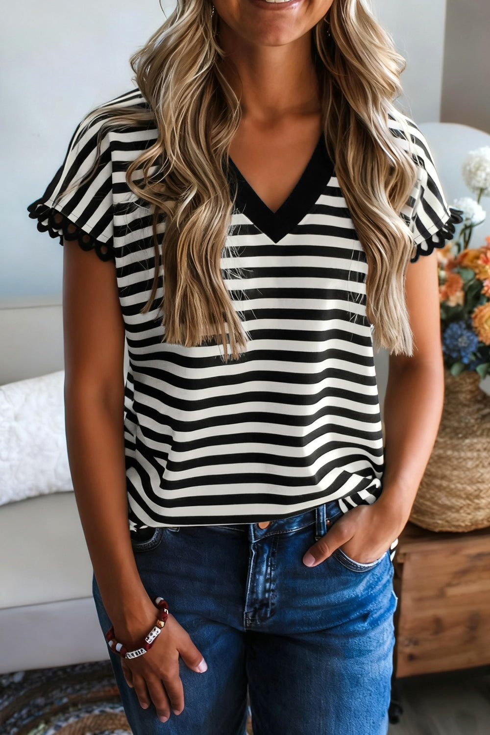 Striped v-neck tee with scalloped lace-trim sleeves