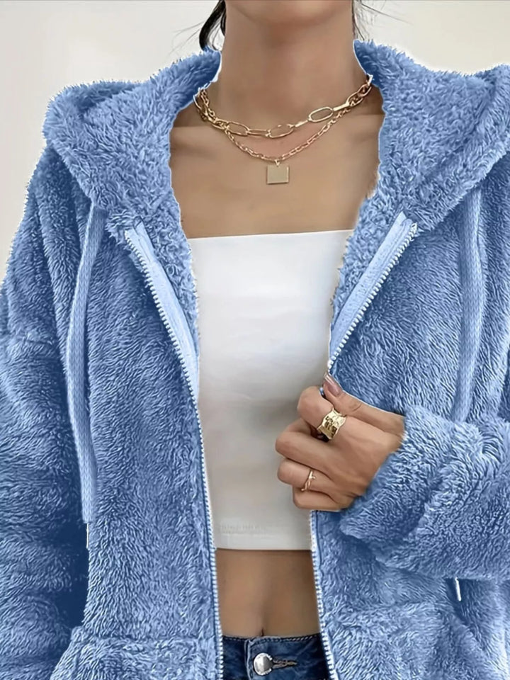 Fuzzy fleece hooded zip-up jacket with front pockets
