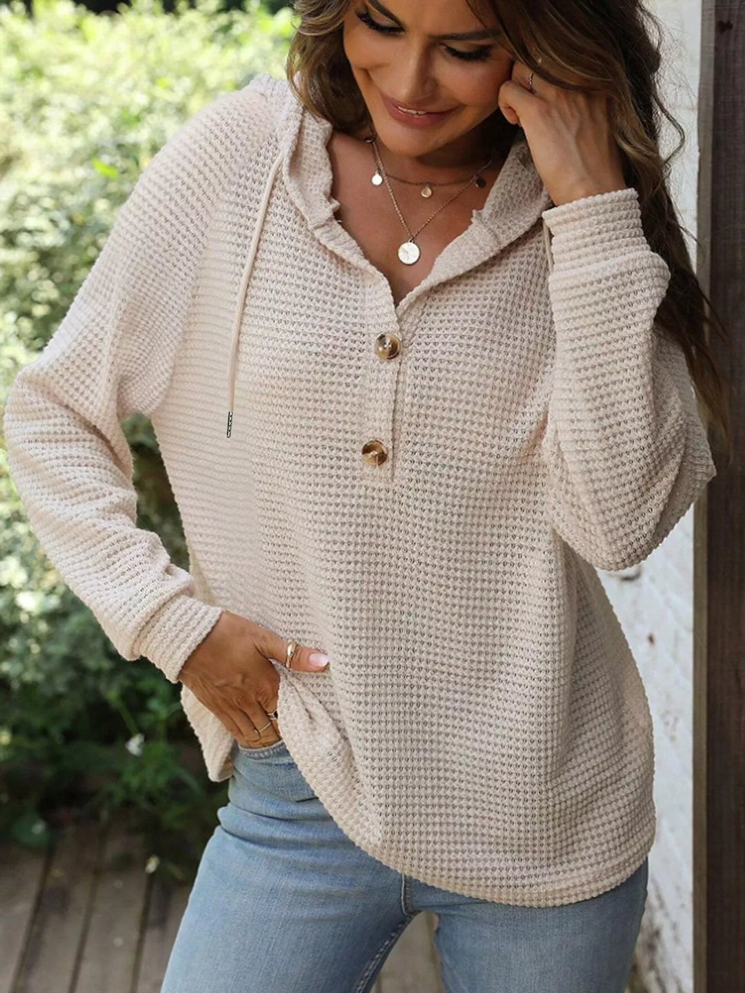 Waffle knit button-front hoodie with drawstring hood