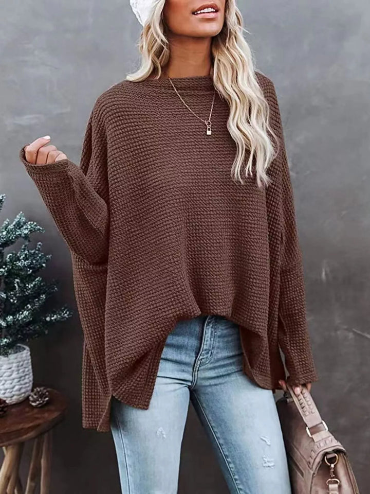Oversized waffle-knit boat neck long sleeve top
