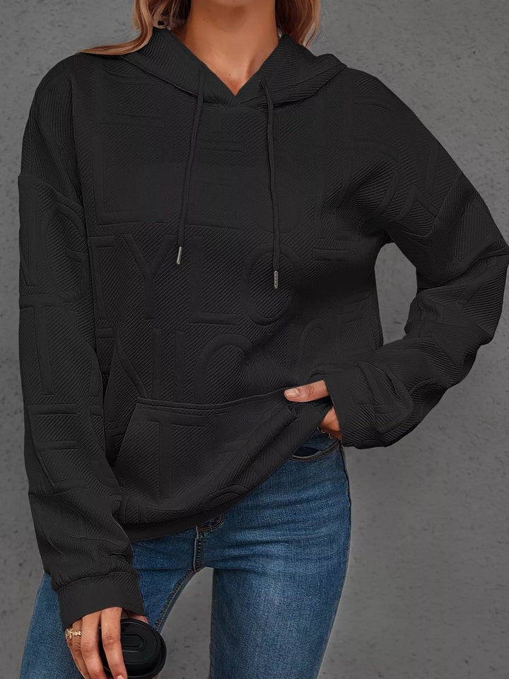 Textured embossed letter pullover hoodie with front pocket