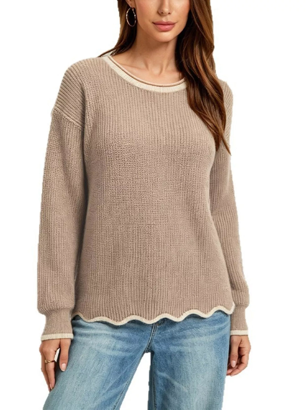 Scalloped hem ribbed knit sweater with contrast trim