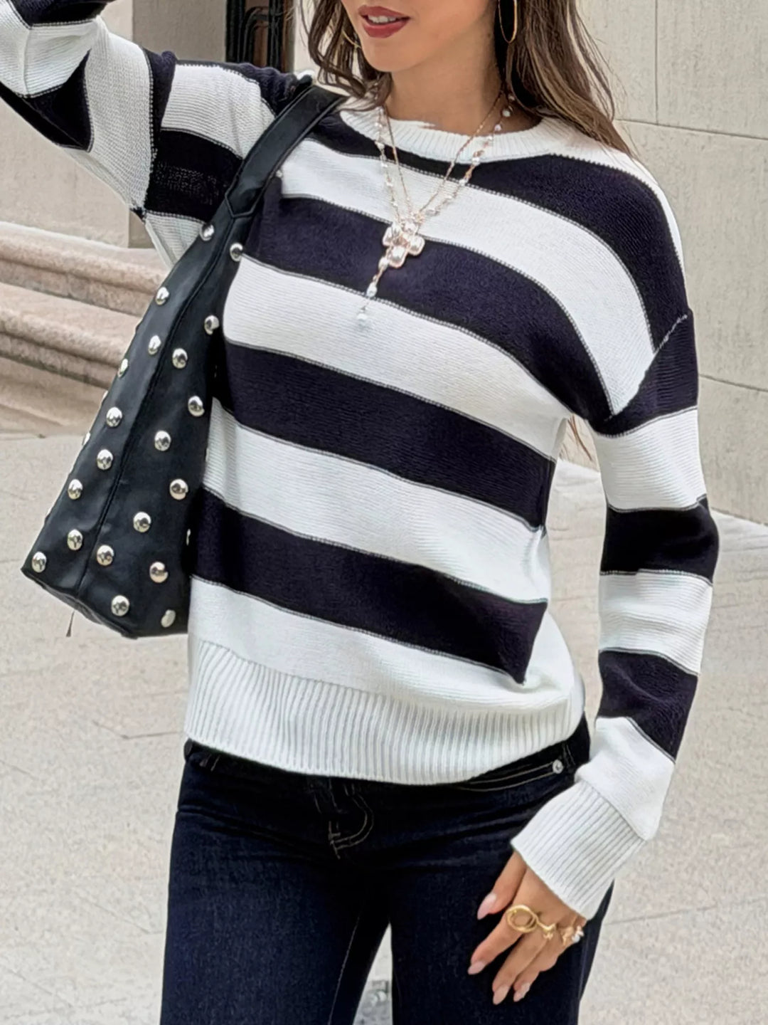Wide stripe crew neck knit pullover sweater
