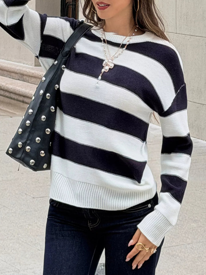 Wide stripe crew neck knit pullover sweater