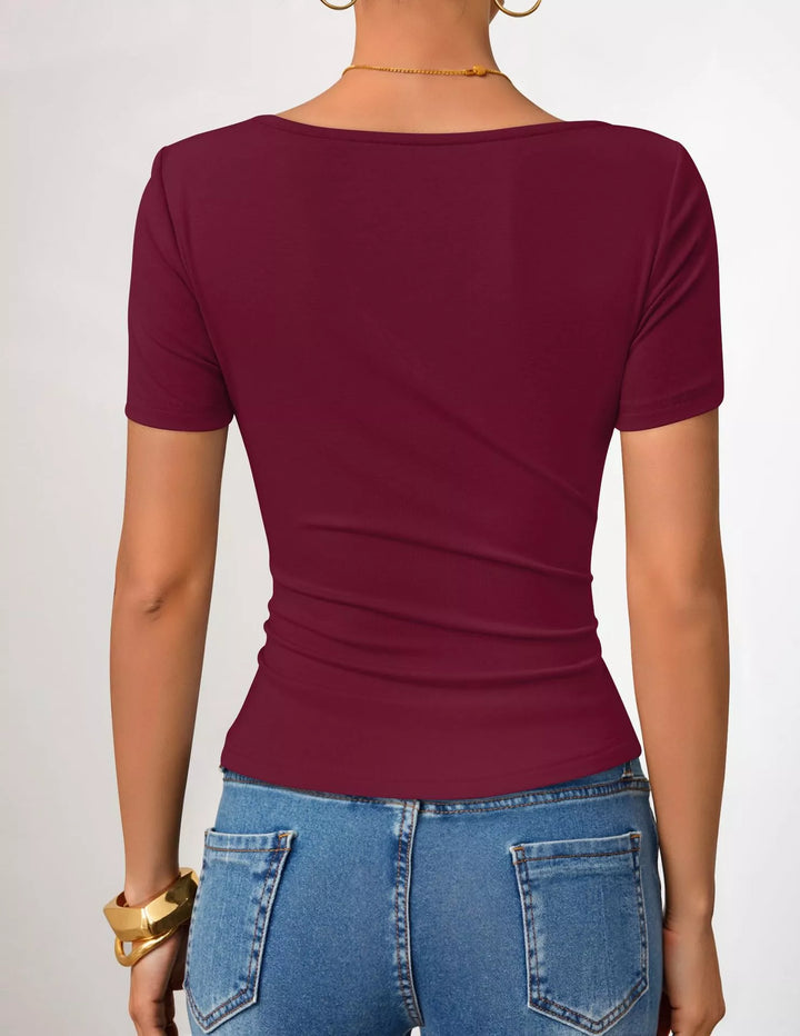 Asymmetrical neckline fitted tee with side ruching
