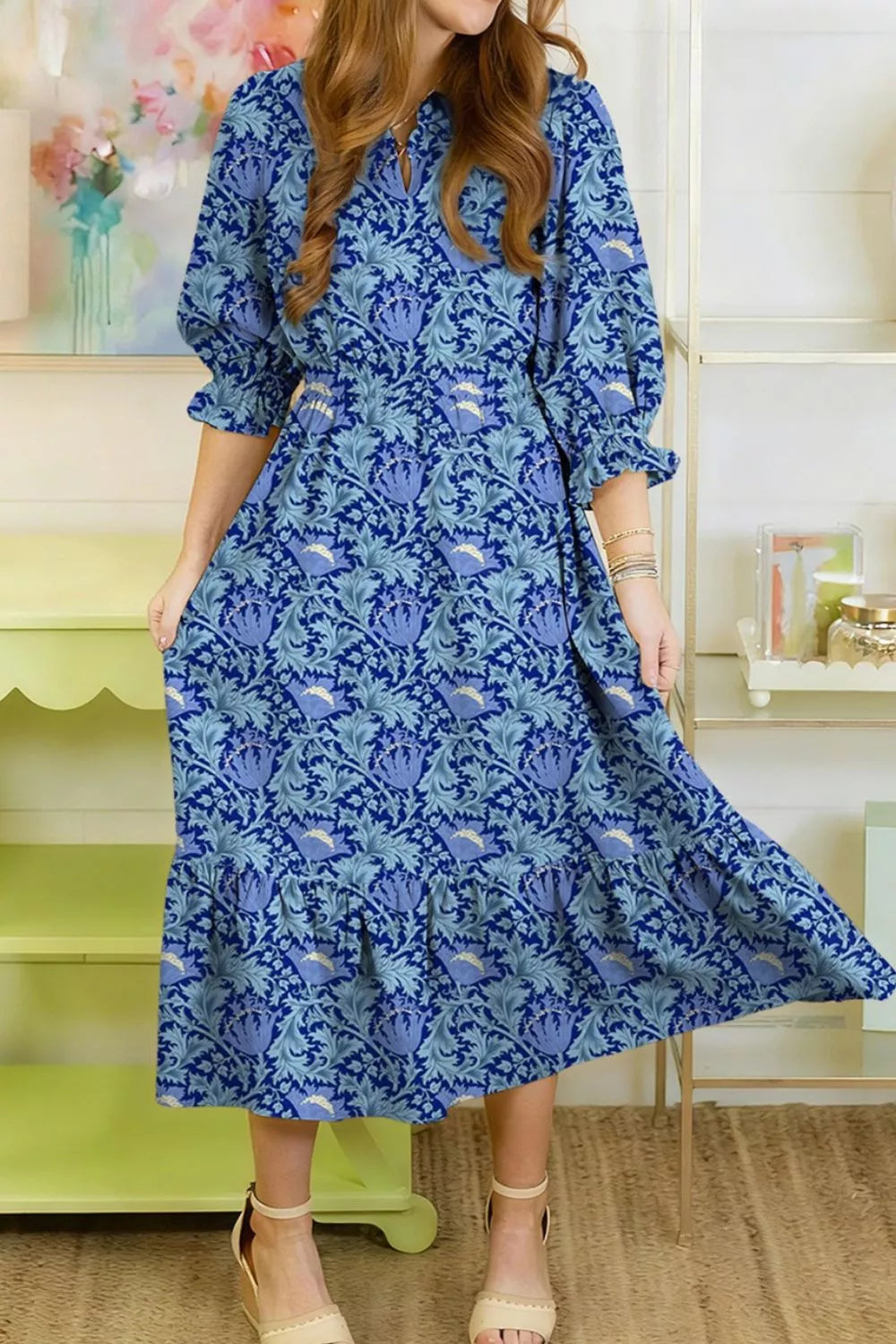 Floral tiered midi dress with frilled bracelet sleeves