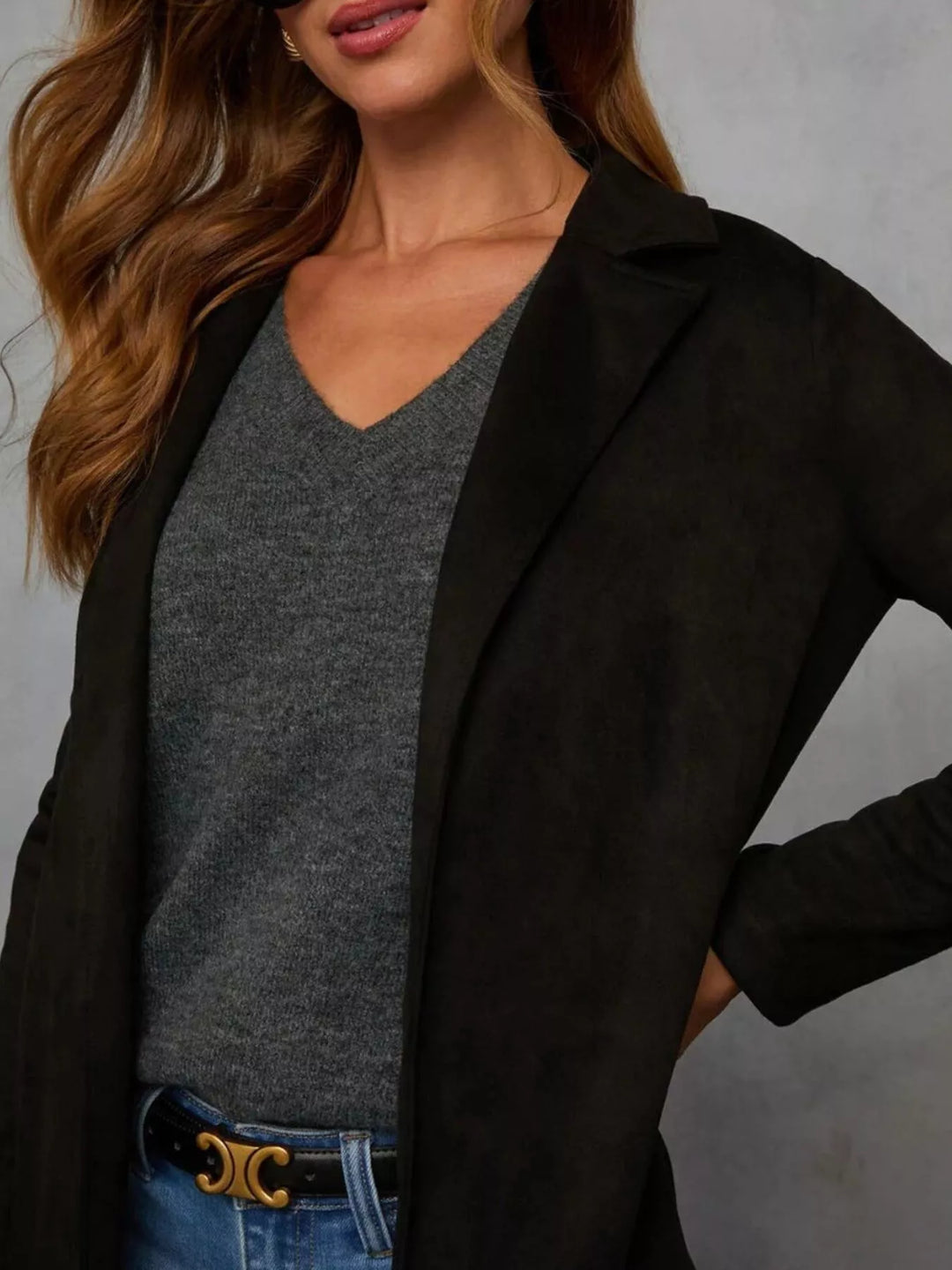 Open-front longline coat with notched lapel collar