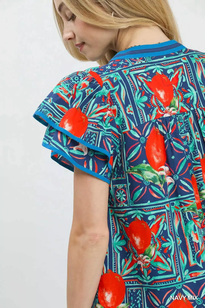 Abstract tile print flutter sleeve blouse with split V-neck
