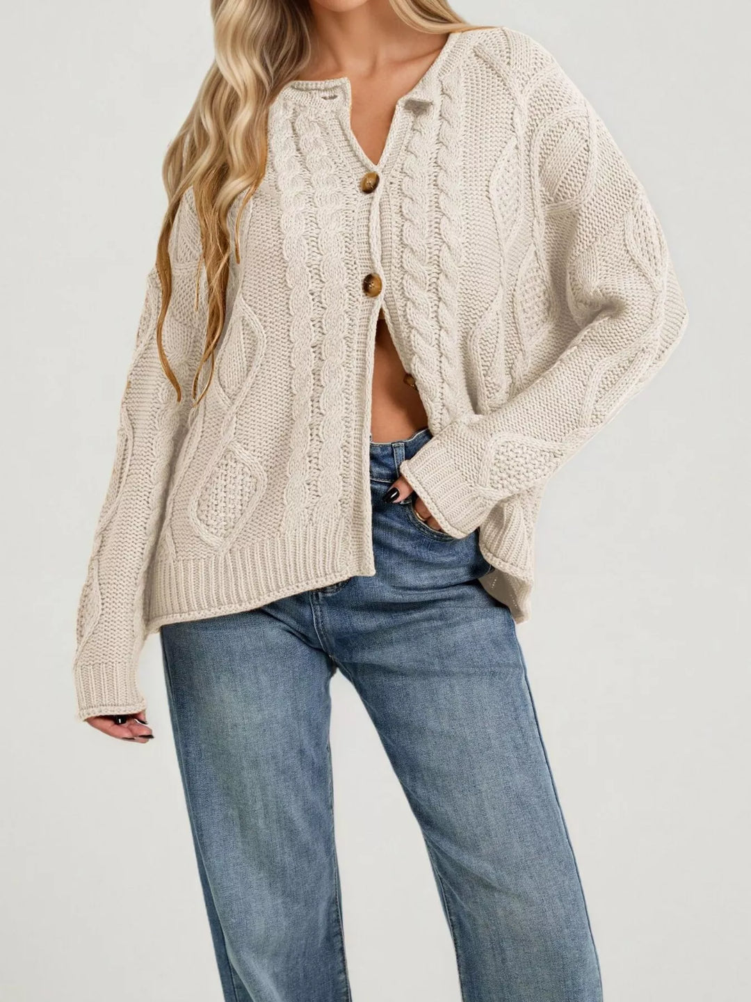 Apricot Cable-knit button-down cardigan with ribbed trim