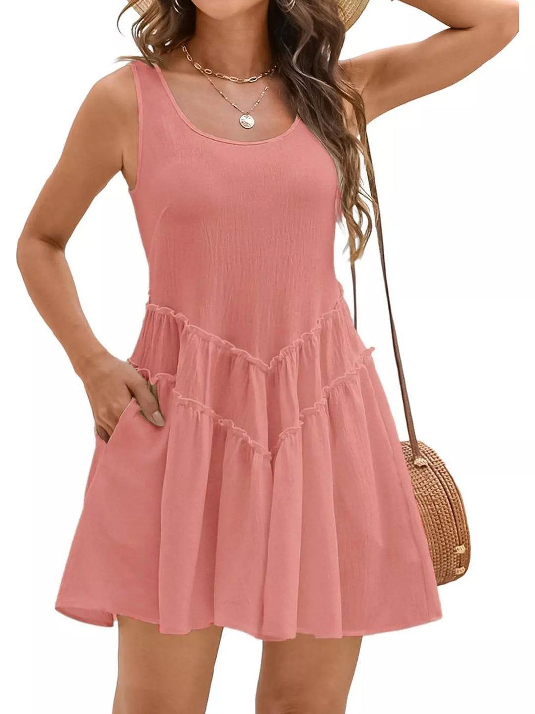 Pink Tiered ruffle sleeveless mini dress with pockets