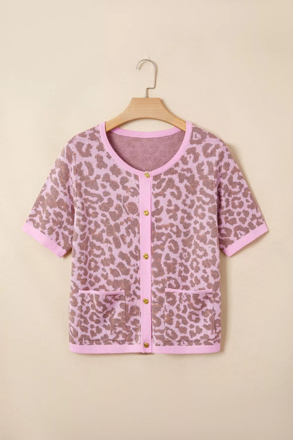 Leopard print short sleeve button-down knit cardigan