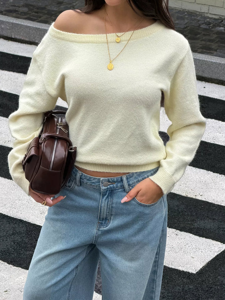 Yellow Boat neck dropped shoulder knit sweater with ribbed trim