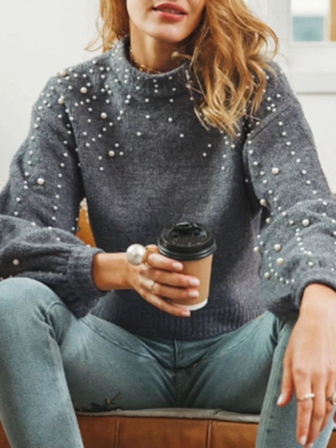 Dark Gray Pearl-embellished mock neck sweater with balloon sleeves