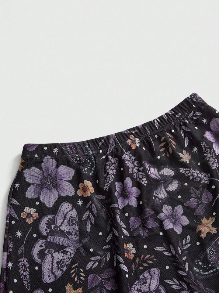 Botanical floral butterfly print midi skirt