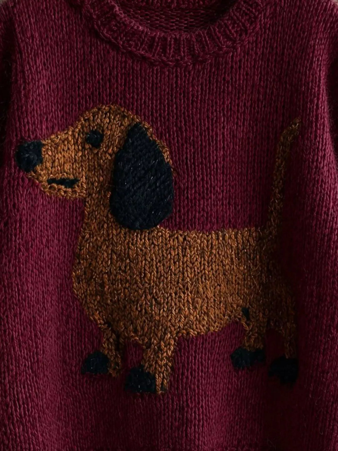 Dachshund chunky knit drop shoulder crew neck sweater