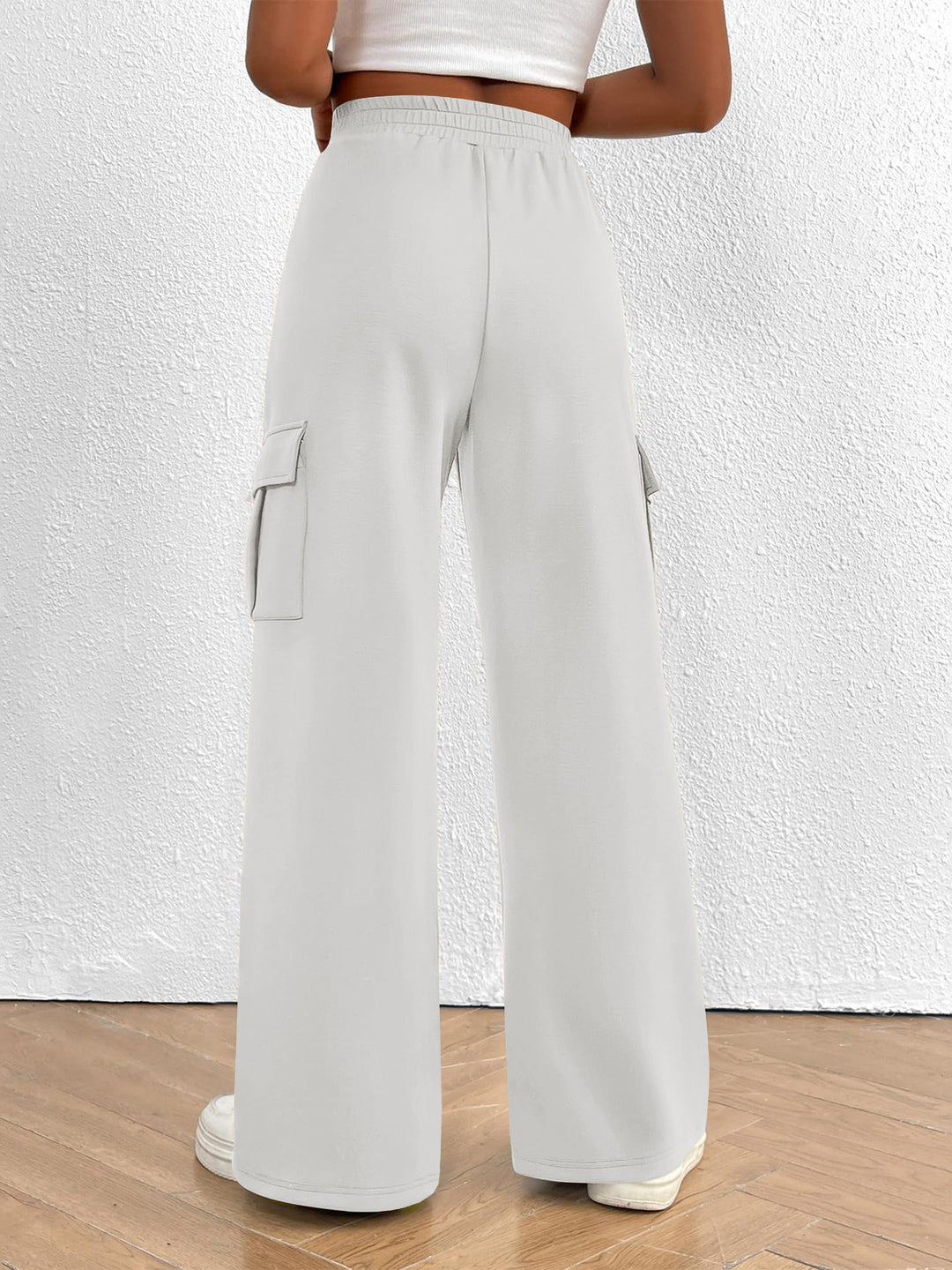 Drawstring high-waist wide-leg cargo pants with flap pockets