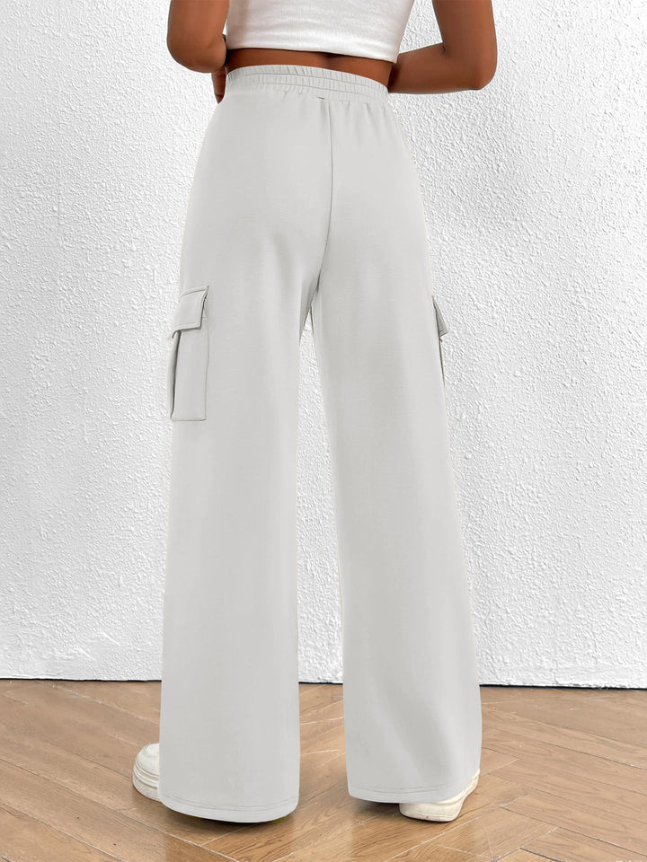 Drawstring high-waist wide-leg cargo pants with flap pockets