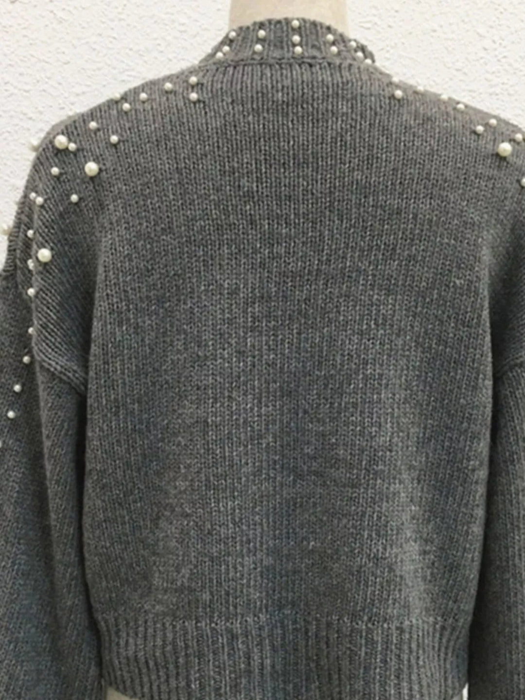 Pearl-embellished mock neck sweater with balloon sleeves