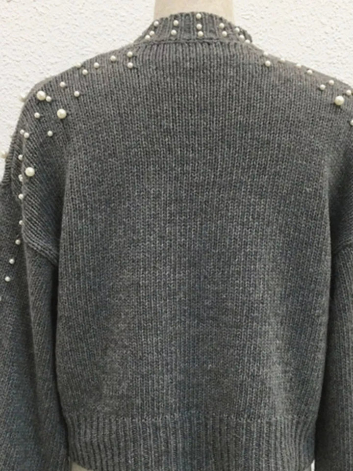 Pearl-embellished mock neck sweater with balloon sleeves