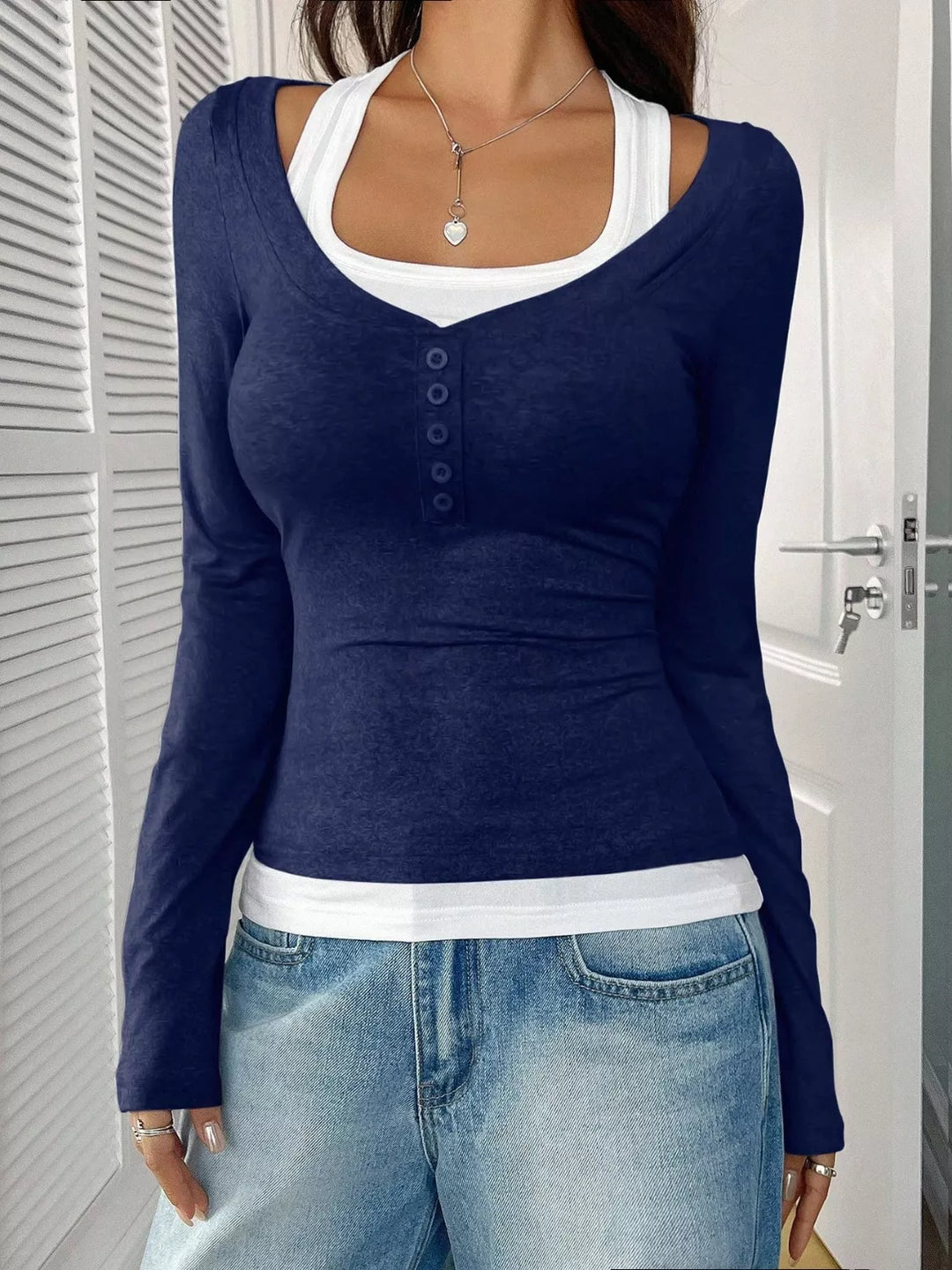 Fake two-piece contrast long sleeve henley top