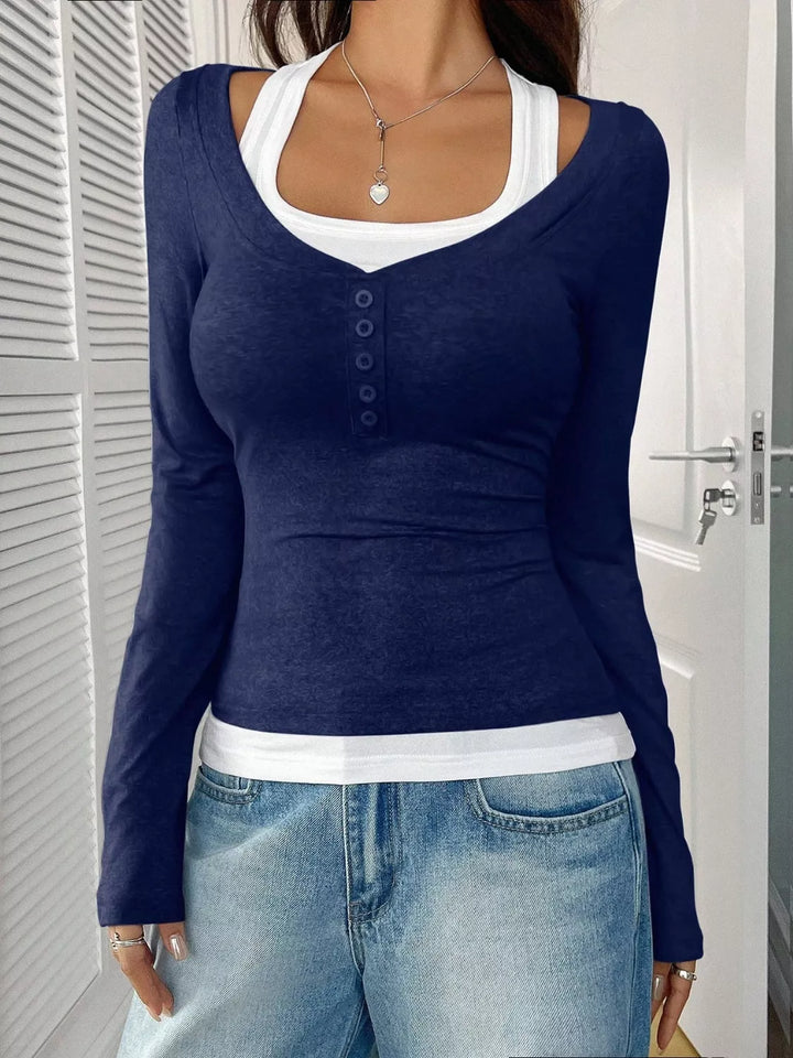 Fake two-piece contrast long sleeve henley top