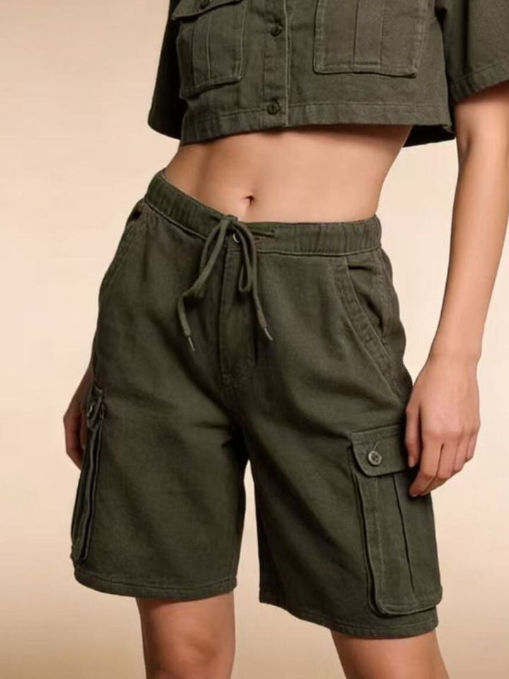 Army Green Knee-length drawstring cargo shorts with flap pockets