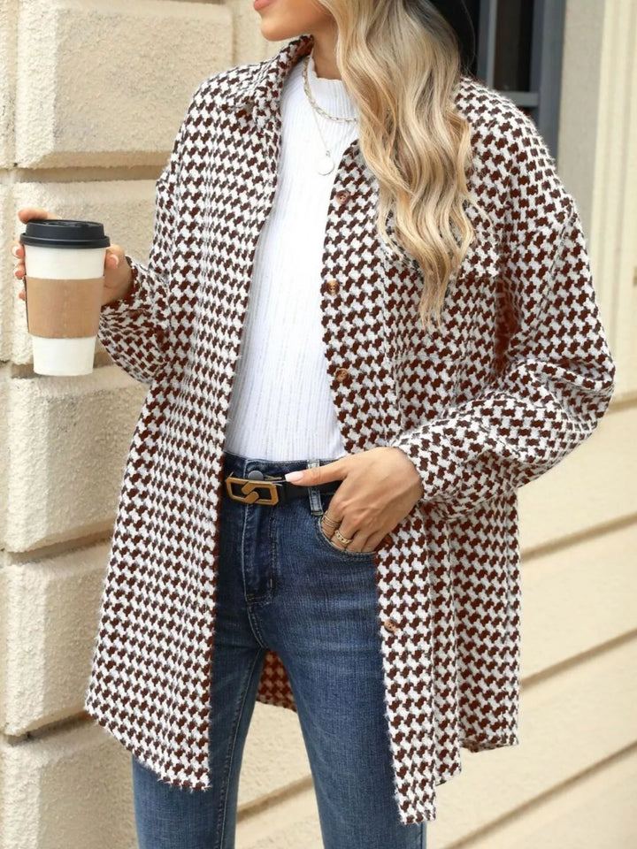 Houndstooth button-up shacket coat with chest pocket