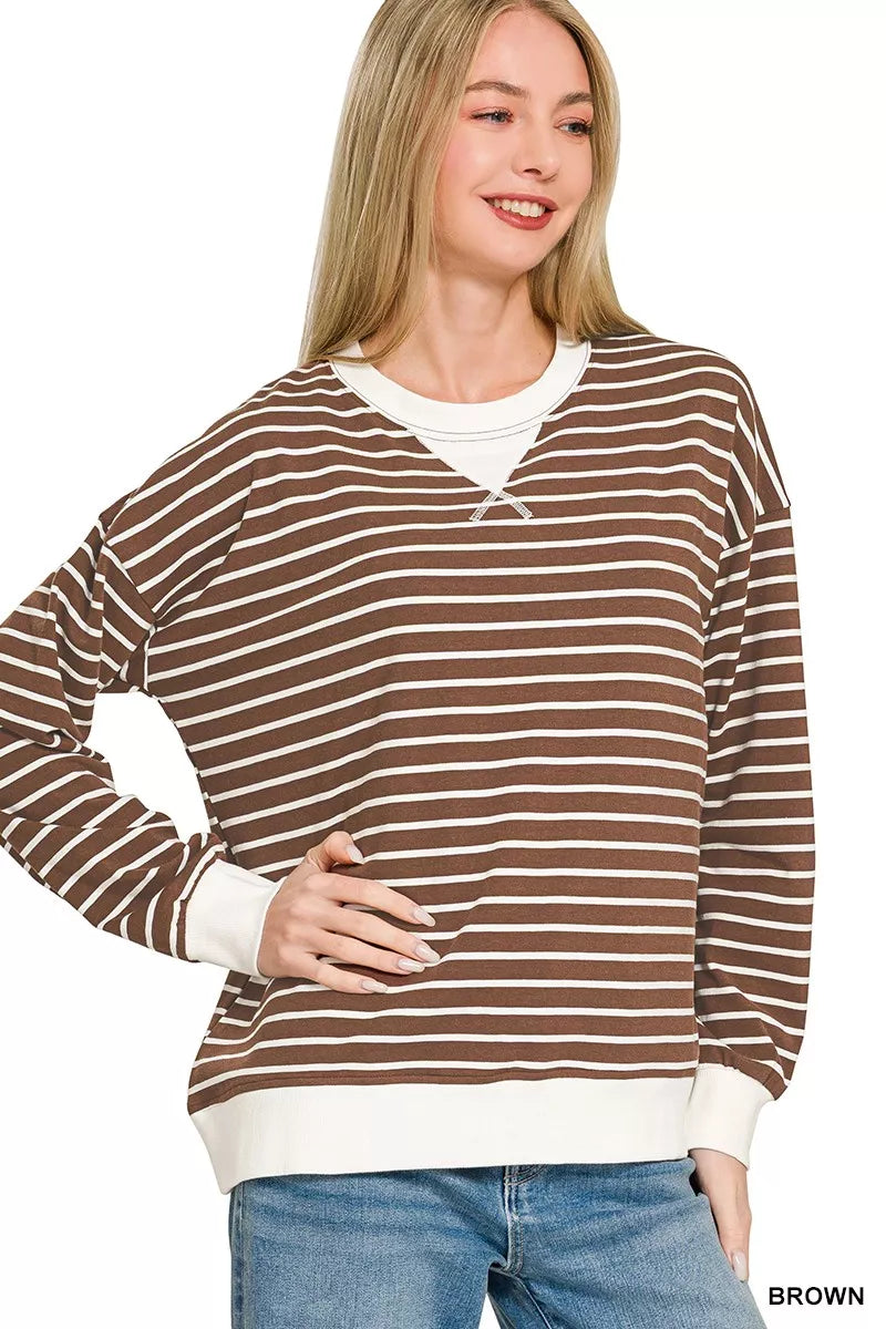 BROWN Striped crew neck sweatshirt with contrast ribbed trim