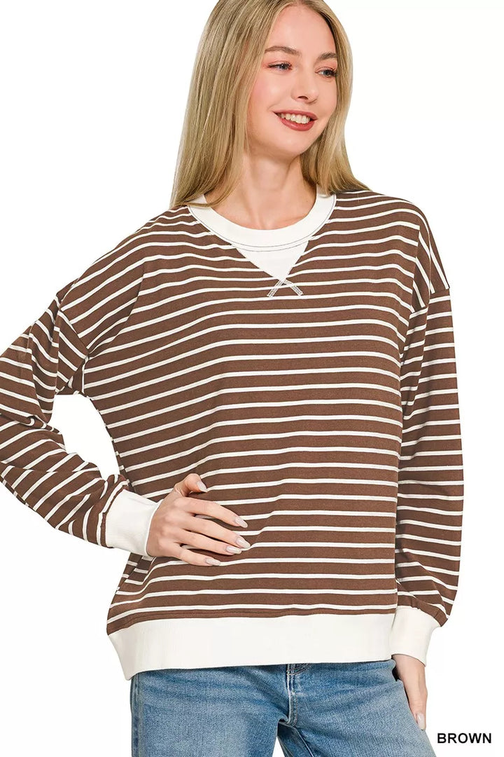BROWN Striped crew neck sweatshirt with contrast ribbed trim