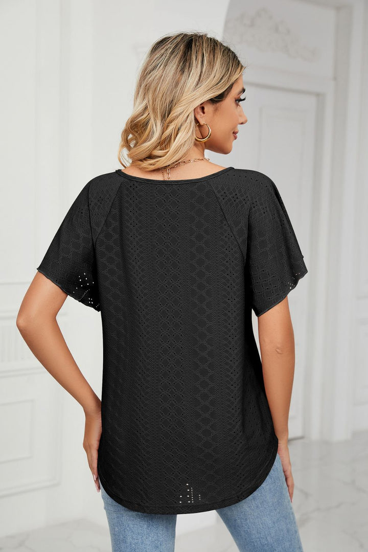 Eyelet flutter sleeve top with V-neck tie