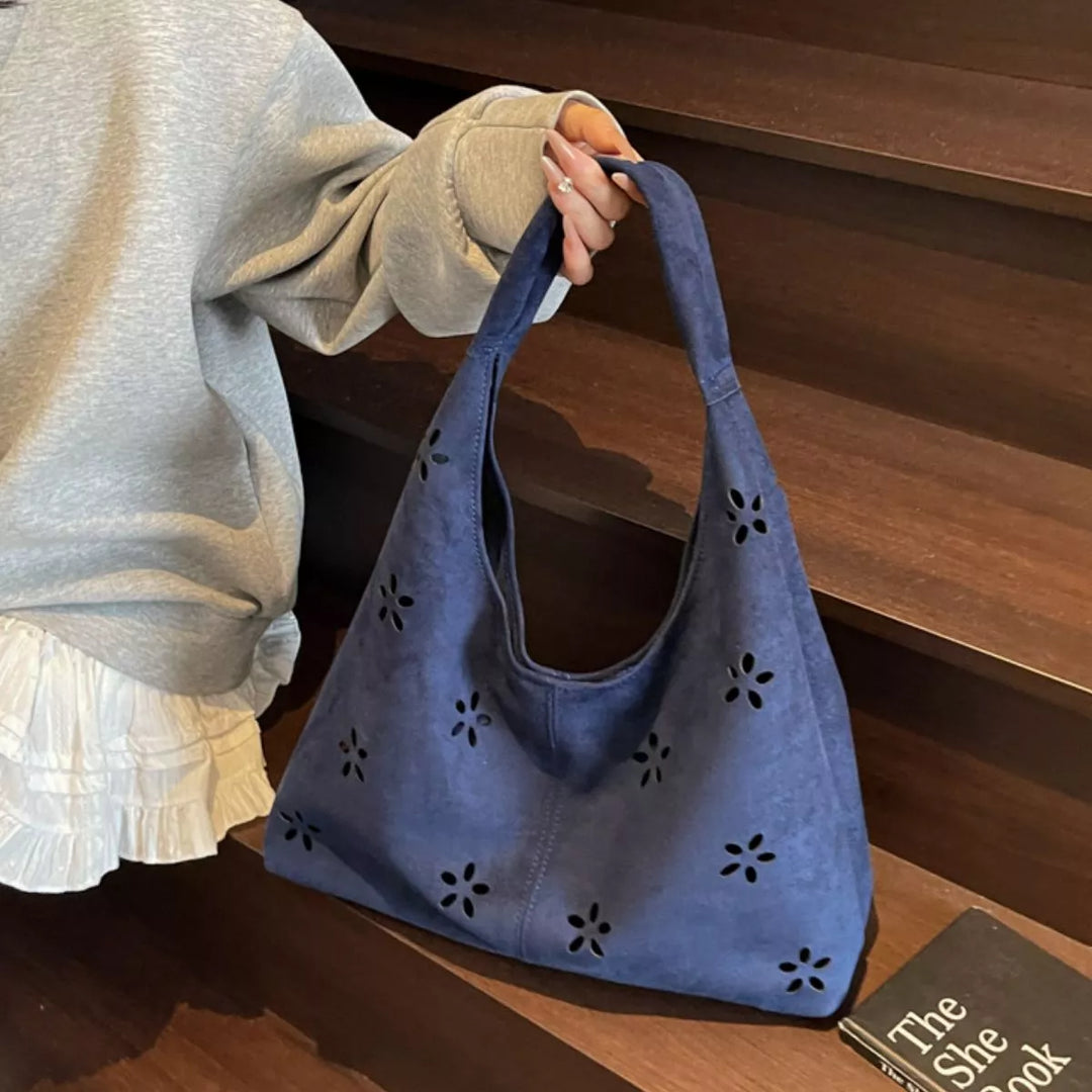 Floral cut-out suede-look hobo bag with zip pouch