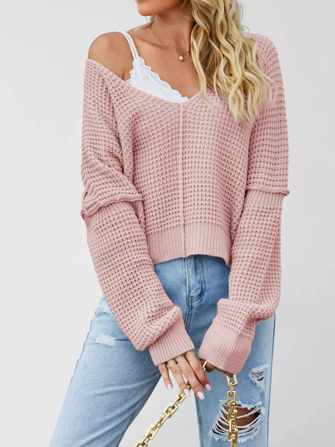 Pink Waffle knit drop shoulder sweater with ribbed cuffs