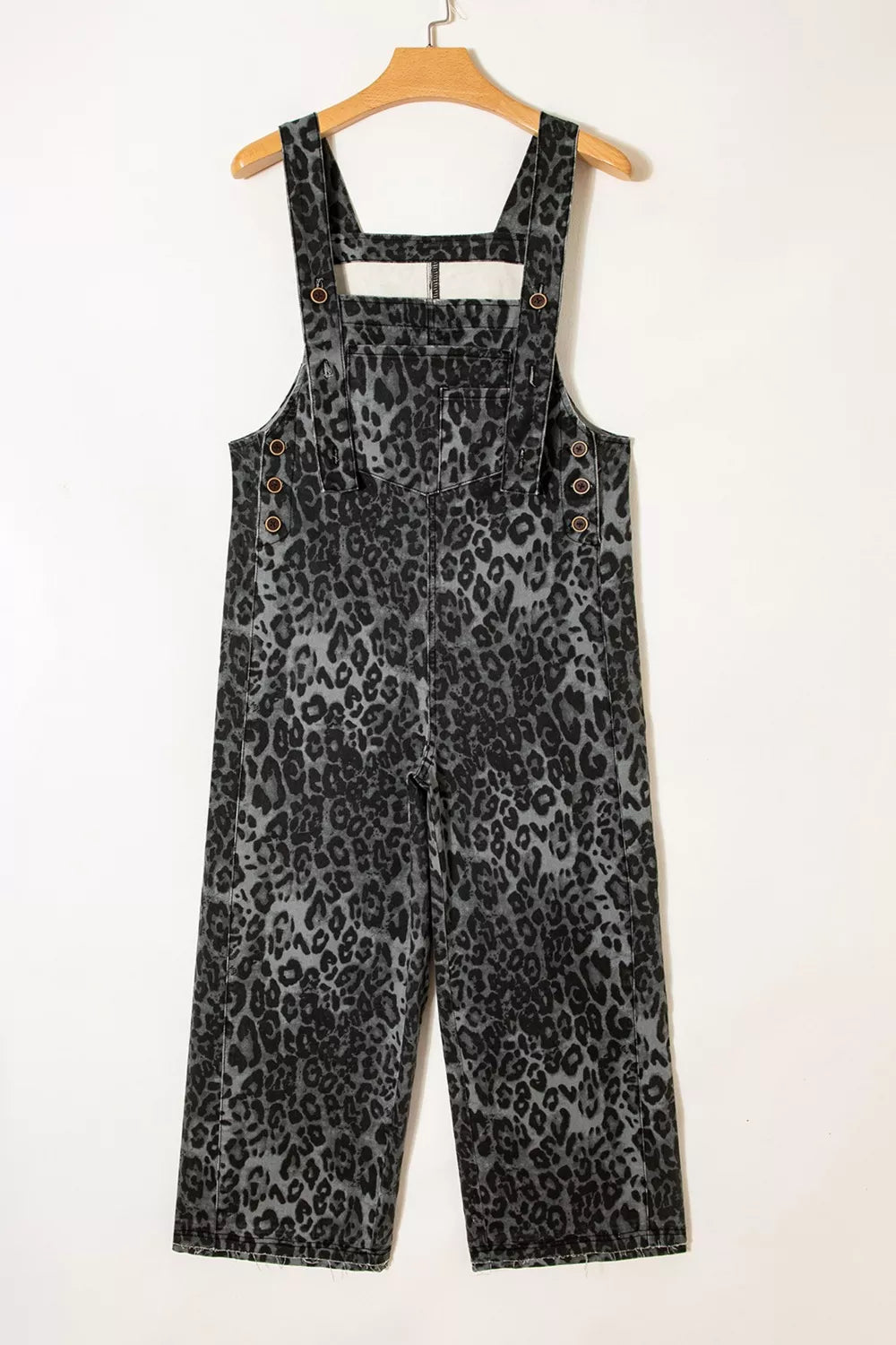Leopard print cropped wide-leg denim overalls with raw hem